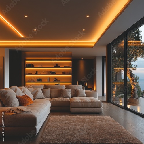 Modern Living Room Interior Design With Warm Lighting