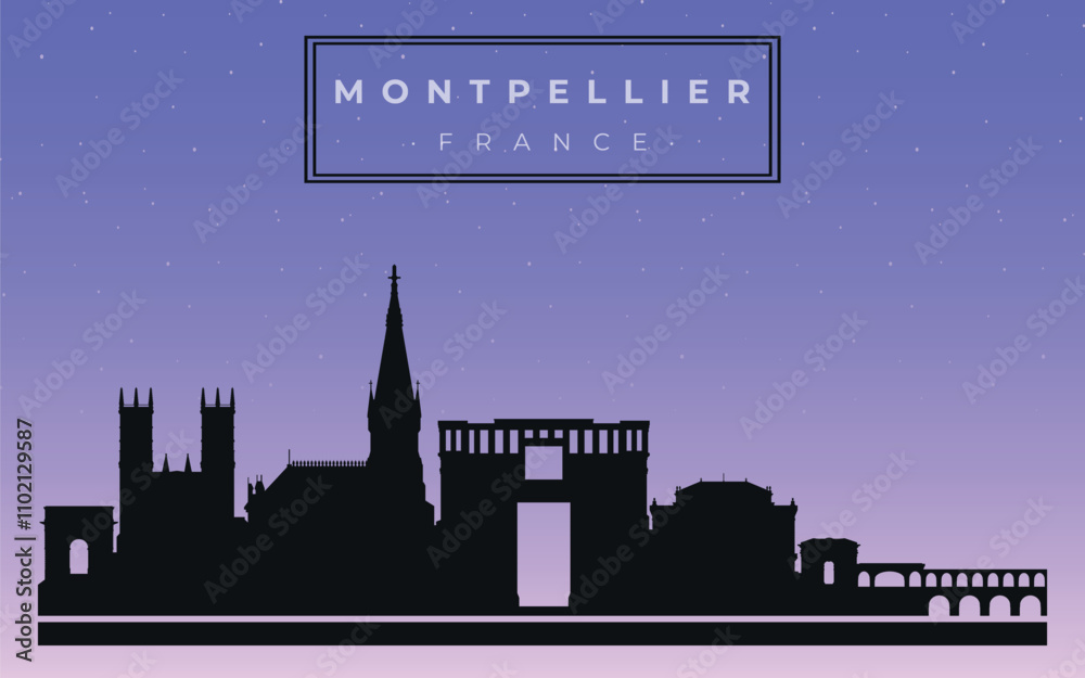 Fototapeta premium Cityscape against the starry sky. Montpellier, France. Silhouettes of buildings. Vector on a gray background 