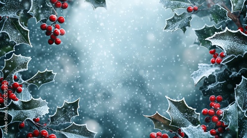 christmas or new year card invitation with holly leaves and red berries