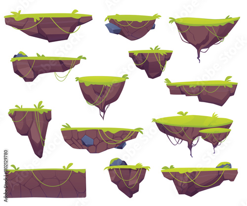 A collection of vector graphics on a white background with flying rocks and green grass