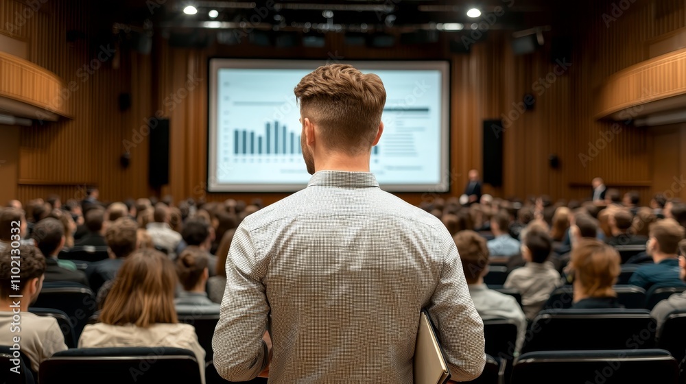 Focused Businessman in Auditorium Calm Lecture Scene with Brown-Toned Environment and Presenter in Checkered Shirt, Corporate Seminar Concept Focused Businessman in Auditorium Calm Lecture Scene with Brown-Toned Environment and Presenter in Checkered Shirt, Corporate Seminar Concept