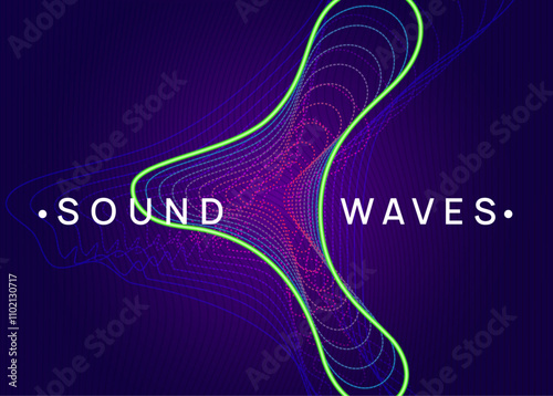 Techno Poster. Soundwave Radio Invitation. Sound Concert Element. Night Club Design. Blue Discotheque Magazine. Trance Vector. Violet Dj Set. Green Techno Poster