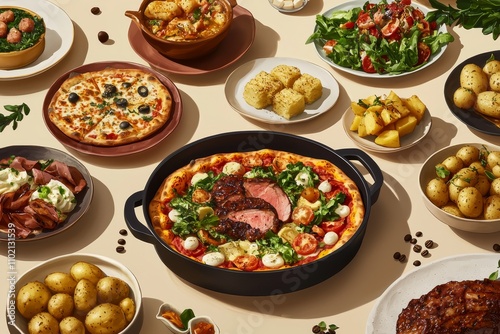 Gourmet Feast Closeup of Sizzling Pizza in Black Skillet Amidst Food Spread on Beige Surface - Sumptuous Culinary Delight for Menu Showcase or Event Catering