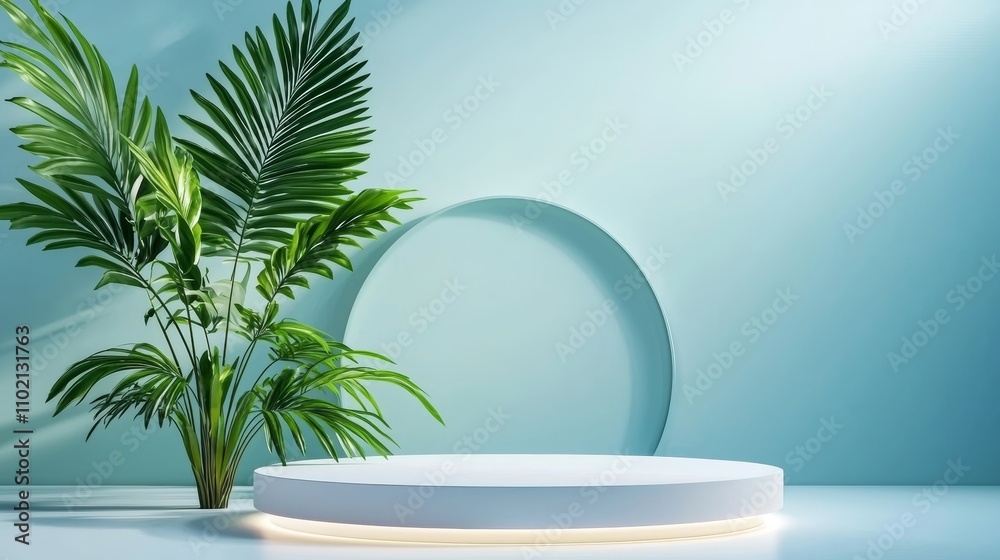 Modern Minimalist Showcase with Greenery and Circular Backdrop on Soft Blue Background for Creative Presentations and Product Displays Modern Minimalist Showcase with Greenery and Circular Backdrop on Soft Blue Background for Creative Presentations and Product Displays