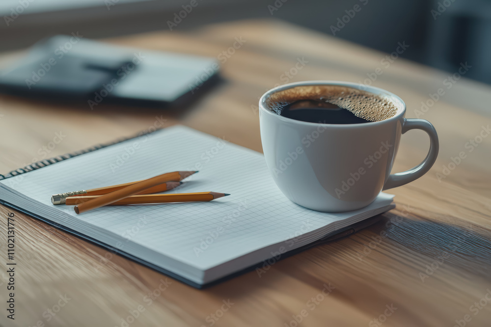 High-angle shot, desk table with pencil, notebook, coffee cup, Space on the left side High-angle shot, desk table with pencil, notebook, coffee cup, Space on the left side
