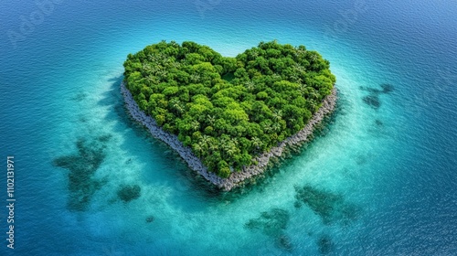 Heart-Shaped Island Surrounded by Turquoise Waters, Lush Tropical Vegetation, Serene Nature Scene for Relaxation and Adventure Photography