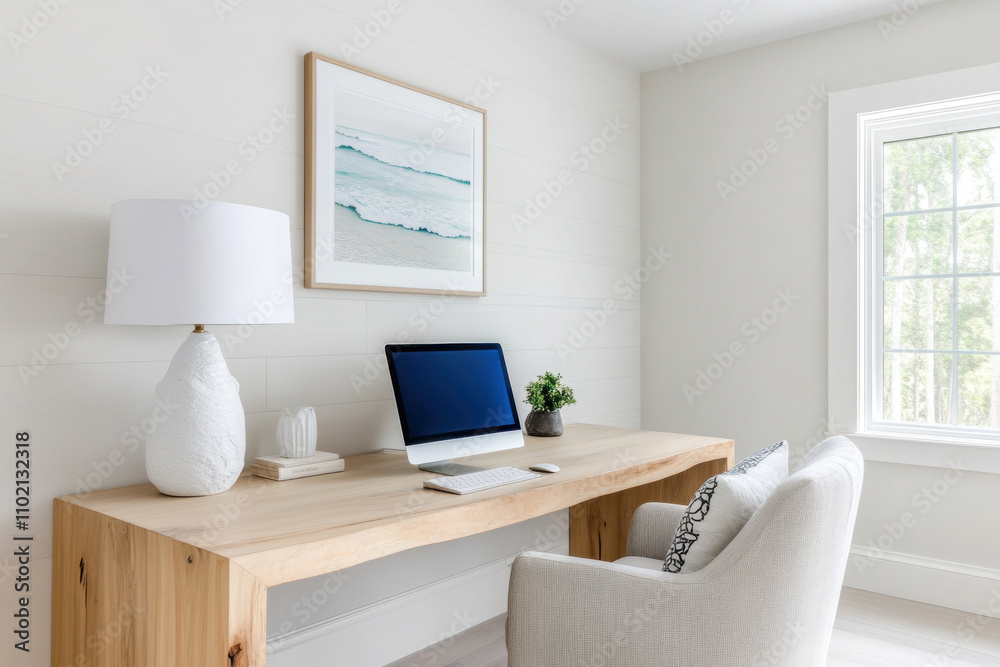 coastal home office, a serene ocean-inspired home workspace with beachy tones and natural elements, filled with light and calming decorations coastal home office, a serene ocean-inspired home workspace with beachy tones and natural elements, filled with light and calming decorations
