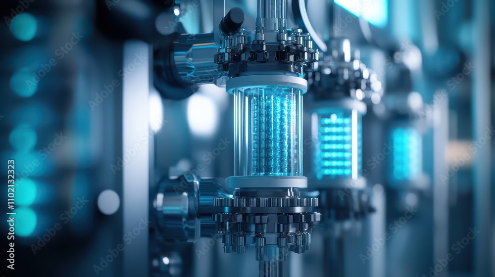 Close-up of Hydrogen Fuel Cell Generator System in Advanced Research Laboratory: Cutting-Edge Tech, Controlled Lighting, and Ultra-Precise Commercial Photography. Close-up of Hydrogen Fuel Cell Generator System in Advanced Research Laboratory: Cutting-Edge Tech, Controlled Lighting, and Ultra-Precise Commercial Photography.