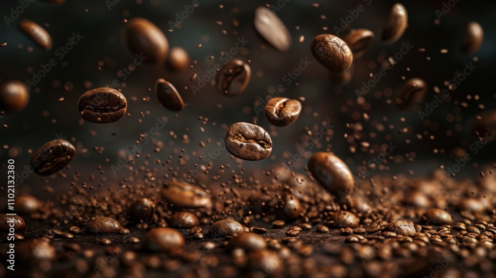 Roasted coffee beans flying mid-air on a dark background Roasted coffee beans flying mid-air on a dark background