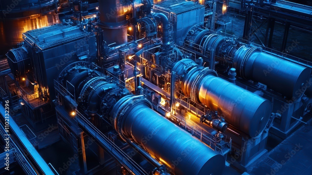 Dawn's Embrace: Aerial View of a Large Natural Gas Generator Installation at an Industrial Energy Complex, Showcasing Precision Engineering and Massive Infrastructure in Ultra-High Resolution. Dawn's Embrace: Aerial View of a Large Natural Gas Generator Installation at an Industrial Energy Complex, Showcasing Precision Engineering and Massive Infrastructure in Ultra-High Resolution.