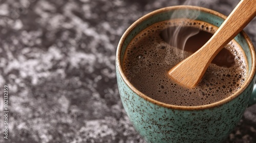 A steaming cup of coffee sits on a textured surface, with a wooden spoon stirring the rich, dark brew. photo