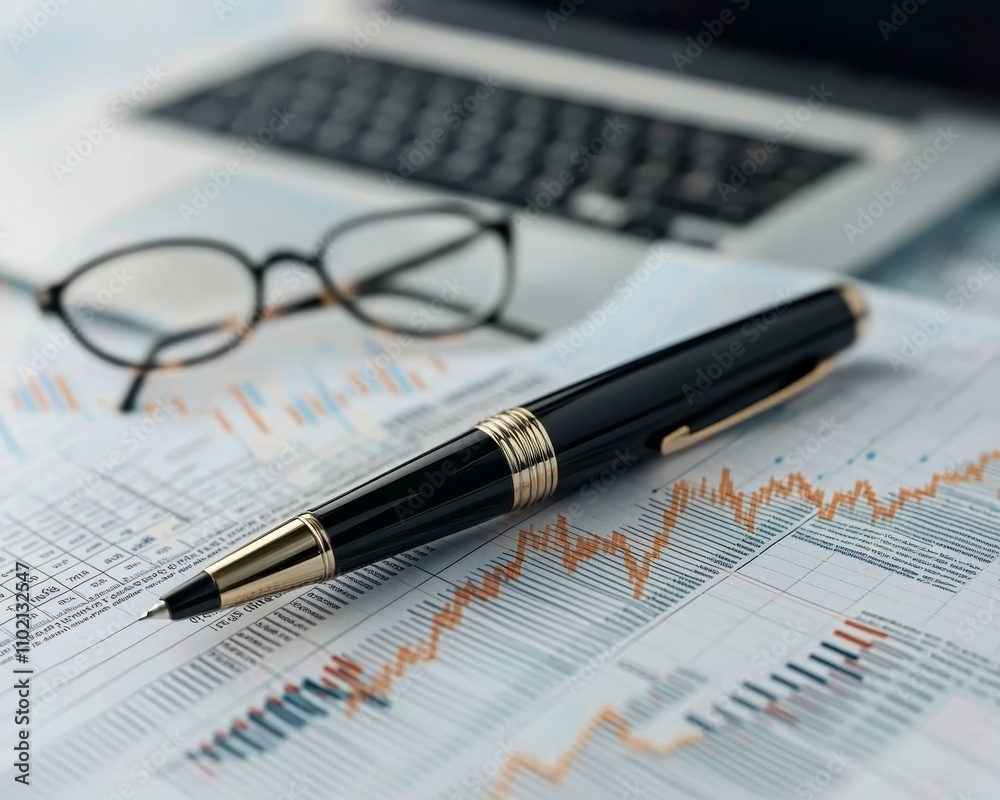 Luxurious Black and Gold Pen on Financial Report, Professional Business Workspace Concept Luxurious Black and Gold Pen on Financial Report, Professional Business Workspace Concept