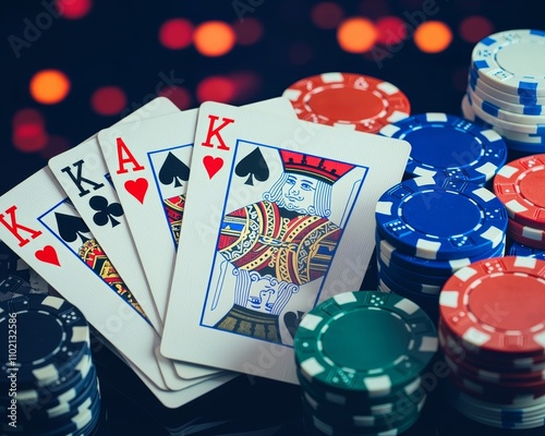 Luxurious Casino Night Close-Up of Four Kings and Ace on Poker Table with Bokeh Lights High Stakes Gambling Concept photo