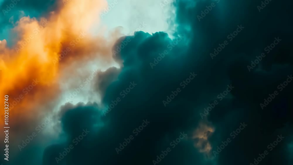 Dramatic clouds in varying shades of orange and blue during sunset over a tranquil landscape