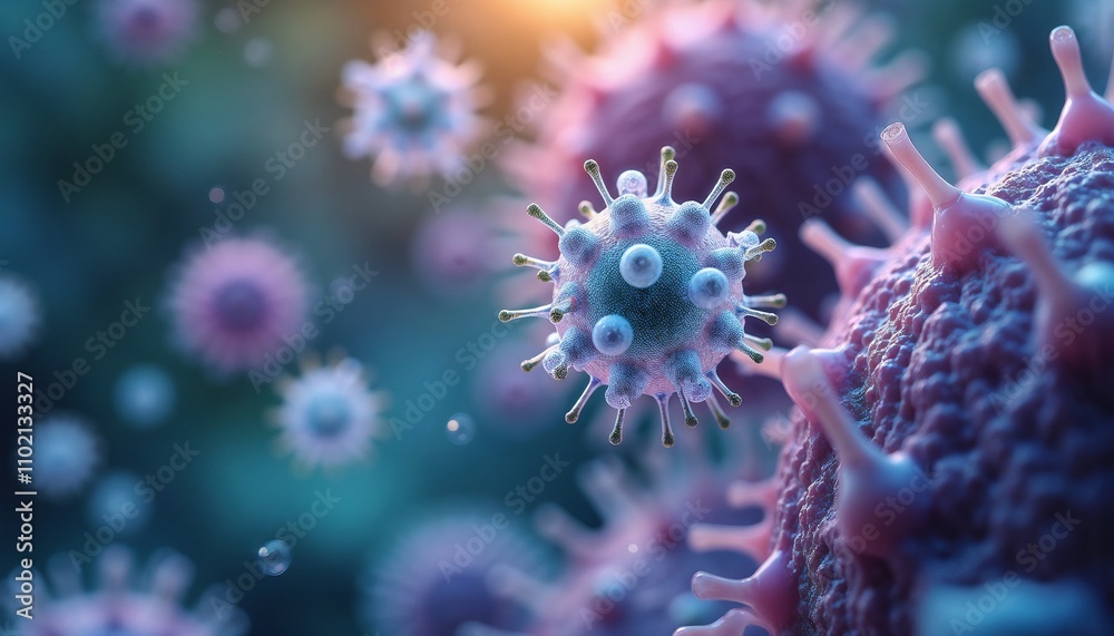 Microscopic view of virus particles in soft blue and pink tones Microscopic view of virus particles in soft blue and pink tones