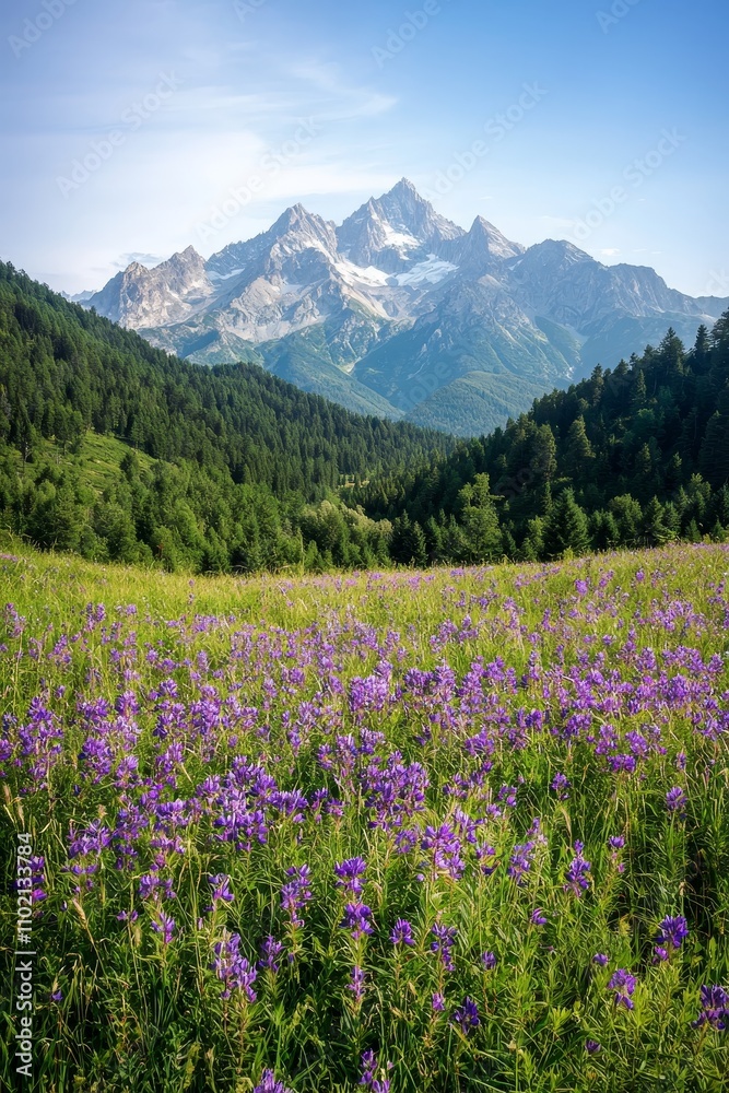 Majestic Mountain Landscape Vibrant Wildflowers and Snow-Capped Peaks in Alpine Wilderness - Serene Nature Photography Majestic Mountain Landscape Vibrant Wildflowers and Snow-Capped Peaks in Alpine Wilderness - Serene Nature Photography