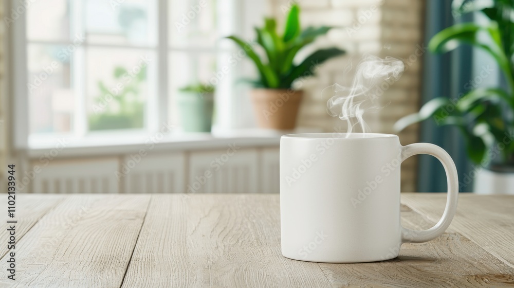 A steaming white mug sits on a wooden table in a bright room with green plants and a large window, creating a cozy, inviting atmosphere. A steaming white mug sits on a wooden table in a bright room with green plants and a large window, creating a cozy, inviting atmosphere.