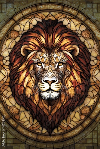 Majestic Stained Glass Lion Head in Ornate Frame - Regal Amber Majesty, Symmetrical Artistry for Spiritual Decor and Graphic Design