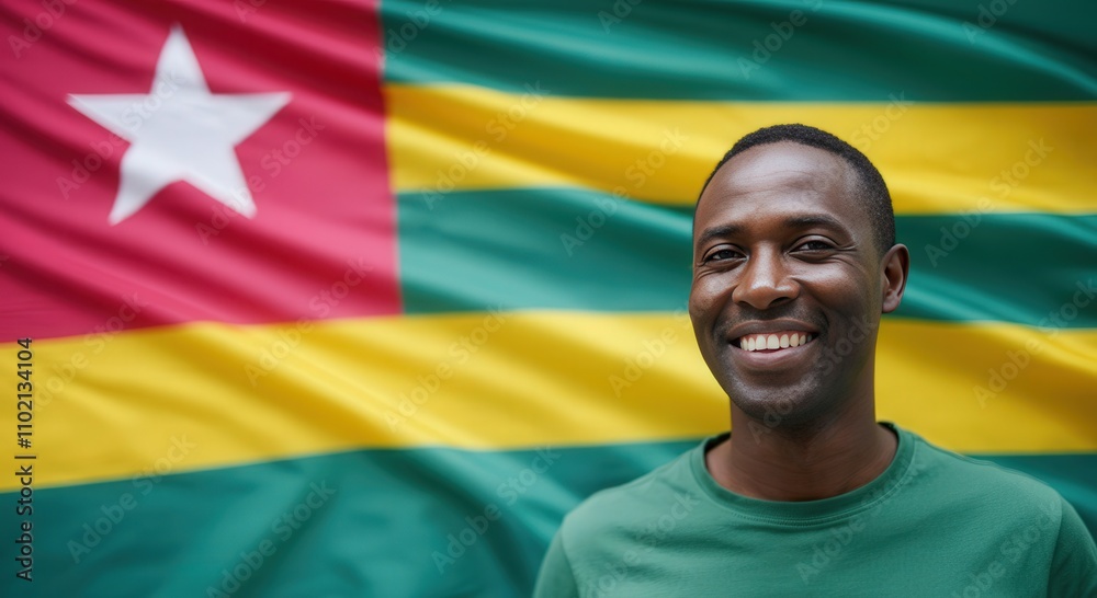 Proud togo heritage, man smiling in front of togolese flag, cultural celebration, portrait photography