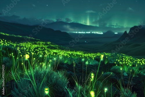 Glowing Plants in a Mountainous Landscape Under a Night Sky