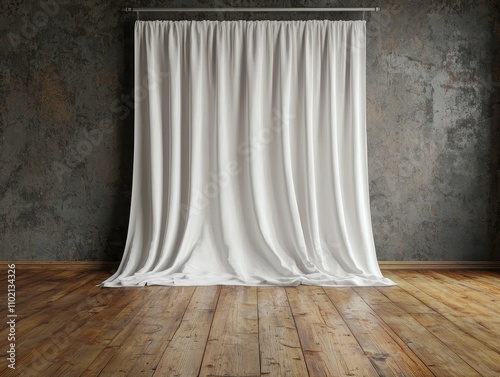 Minimalist Elegance Soft White Curtain on Aged Gray Wall in Serene Interior Setting photo