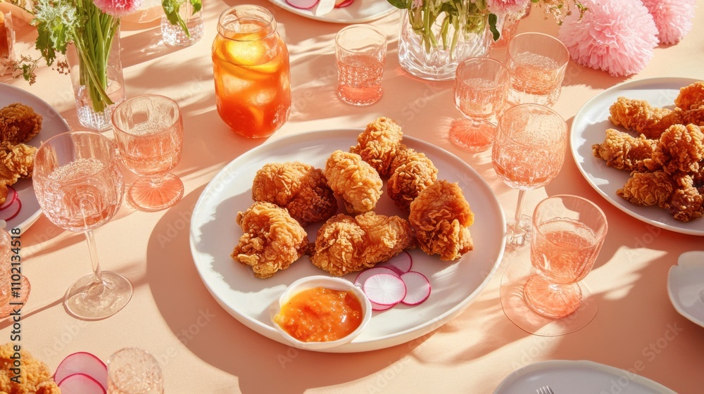 Crispy Fried Chicken Feast on Table with Refreshing Drink and Decor Crispy Fried Chicken Feast on Table with Refreshing Drink and Decor