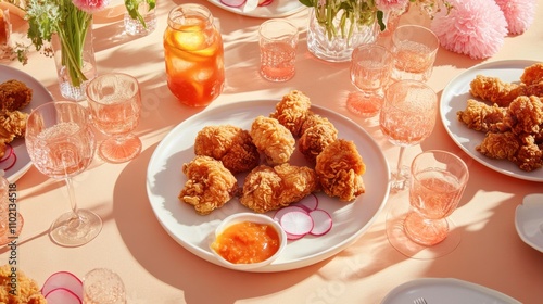 Crispy Fried Chicken Feast on Table with Refreshing Drink and Decor