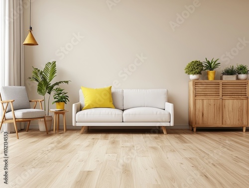 Minimalist Symmetry Contemporary White Sofa in Serene Living Room with Wood Accents Tranquil Modern Interior Design Concept