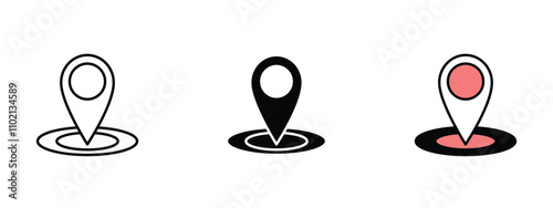 Set of 3 "Location" icons with 1 line, 1 silhouette n 1 colored icon with an unexpanded vector icon inside - Location icon featuring pin or marker on map, symbolizing geographic points or destinations