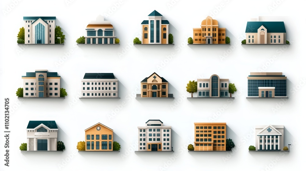 Modern Architectural Building Icons Grid Clean Stylized Urban Designs on White with Long Shadows - Ideal for Real Estate Listings, Urban Planning, and Presentations Modern Architectural Building Icons Grid Clean Stylized Urban Designs on White with Long Shadows - Ideal for Real Estate Listings, Urban Planning, and Presentations