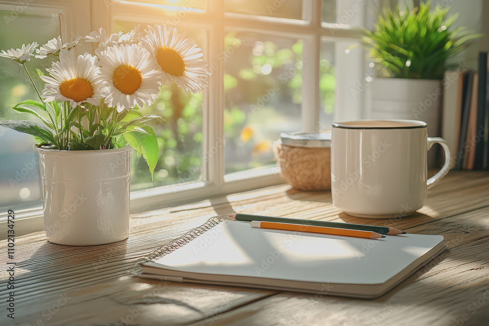 High-angle shot, desk table with pencil, notebook, coffee cup, Space on the left side High-angle shot, desk table with pencil, notebook, coffee cup, Space on the left side