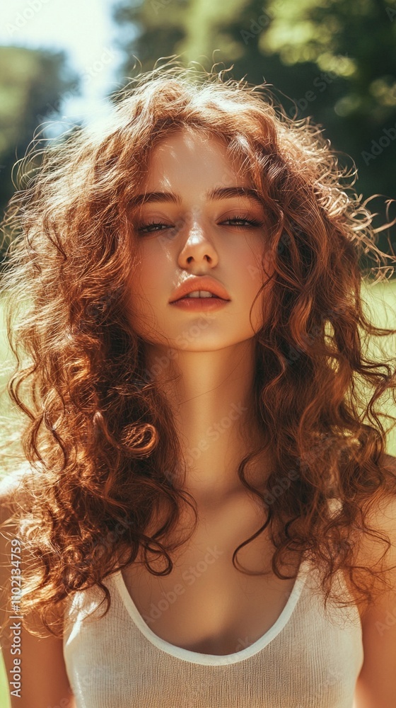 Sun-kissed beauty with wild, cascading curls gazes dreamily in golden light. Her porcelain skin glows, framed by lush auburn locks, embodying natural grace and allure. Sun-kissed beauty with wild, cascading curls gazes dreamily in golden light. Her porcelain skin glows, framed by lush auburn locks, embodying natural grace and allure.