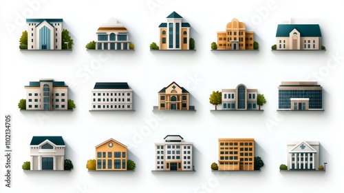 Modern Architectural Building Icons Grid Clean Stylized Urban Designs on White with Long Shadows - Ideal for Real Estate Listings, Urban Planning, and Presentations