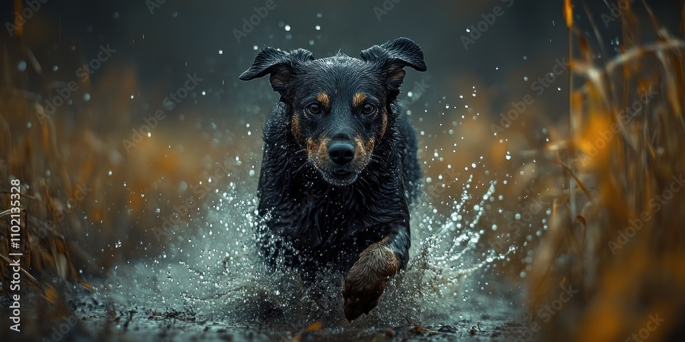 Black dog running through water, splashing. Black dog running through water, splashing.