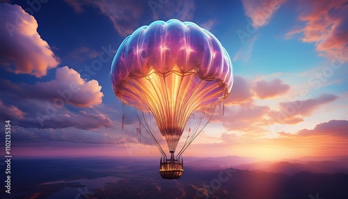 hot air balloon flying in the sunset