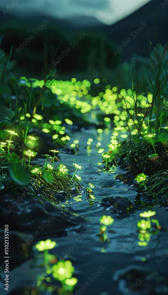 Glowing Flowers in a Dark Forest Stream Glowing Flowers in a Dark Forest Stream