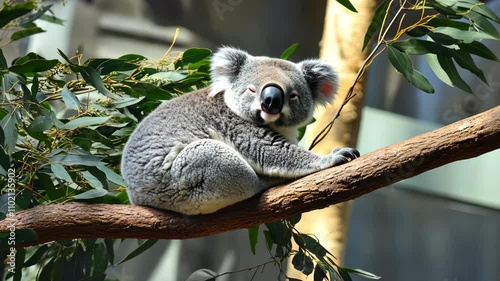 Koala resting on a tree branch in an Australian wildlife sanctuary during the daytime