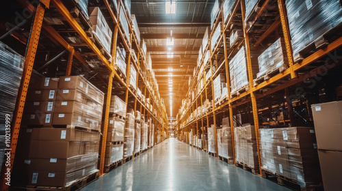 Large warehouse filled with stacked boxes and pallets in organized rows