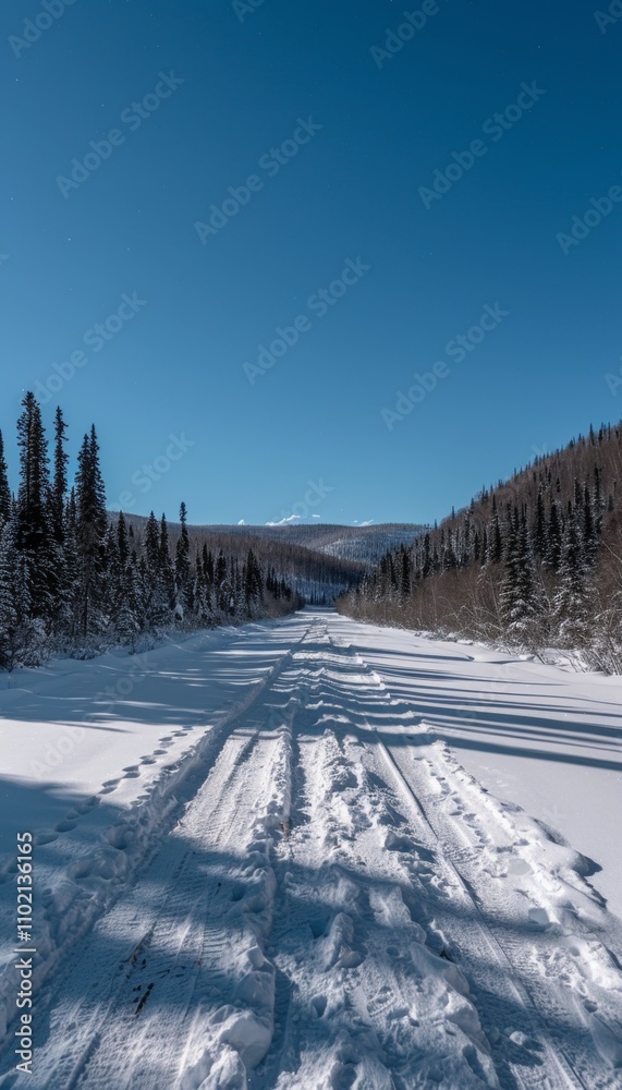 Scenic mountain trail blanketed in soft snow, surrounded by lush pine trees and clear skies Scenic mountain trail blanketed in soft snow, surrounded by lush pine trees and clear skies