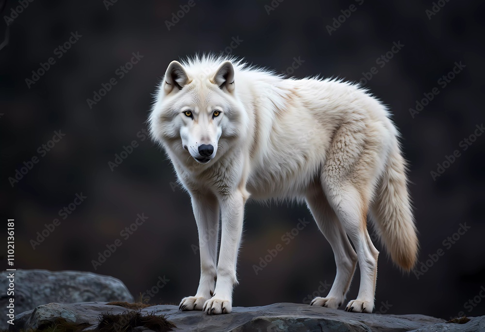 Arctic wolf (Canis lupus arctos) standing on a rock, captive Arctic wolf (Canis lupus arctos) standing on a rock, captive