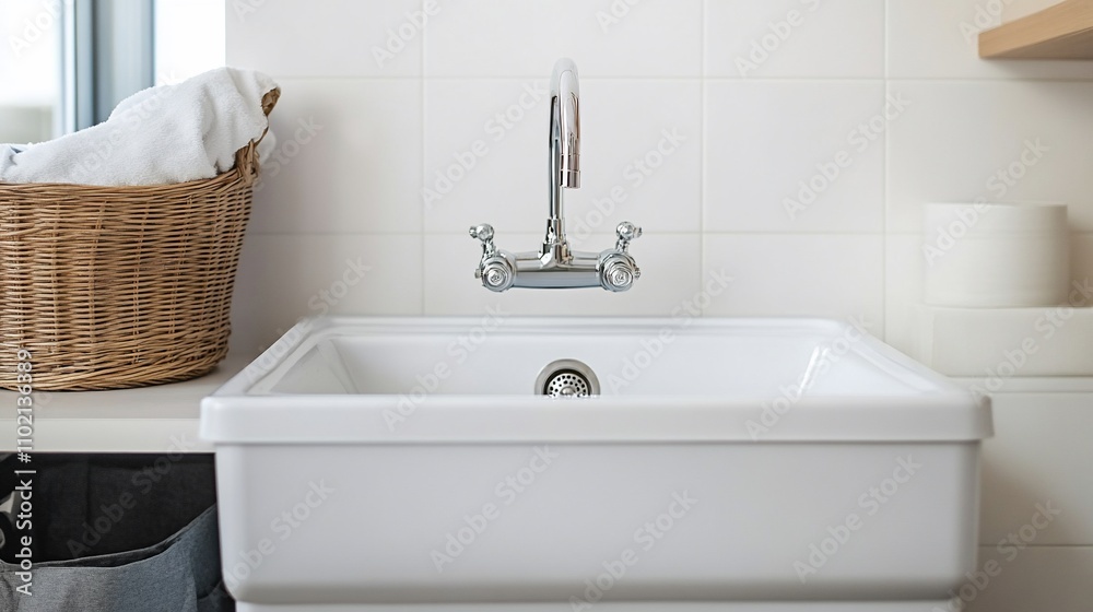 Fototapeta premium White utility sink with chrome faucet and wicker laundry basket.