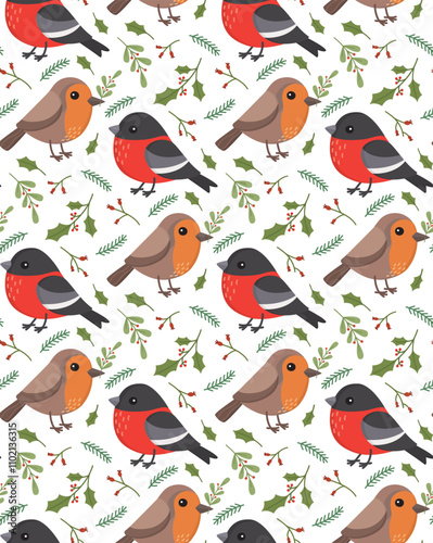 Seamless pattern with robin bird, bullfinch and christmas plants. Colorful background with cute winter birds and branches of pine and mistletoe