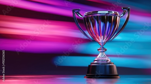 Futuristic trophy glowing under neon purple and blue lights with dynamic streaks in the background sleek and vibrant design for modern achievements