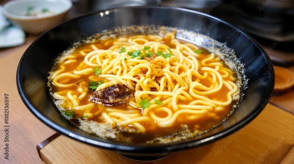 Japanese ramen bowl with steaming broth and toppings, photographed in a cozy kitchen setting, professional stock food photography Japanese ramen bowl with steaming broth and toppings, photographed in a cozy kitchen setting, professional stock food photography
