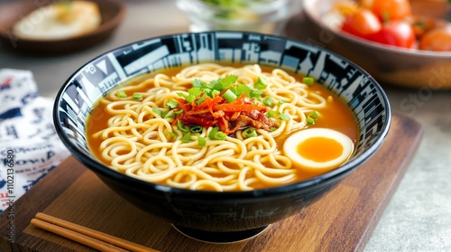 Japanese ramen bowl with steaming broth and toppings, photographed in a cozy kitchen setting, professional stock food photography