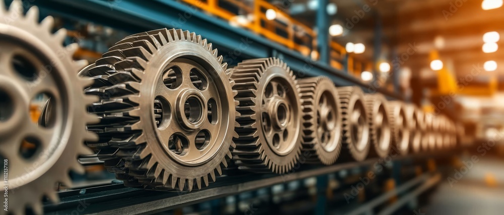 Fototapeta premium Precision Engineering Detailed Macro View of Metal Gears in Industrial Setting, Mechanical Elegance in Motion Industrial Technology Concept