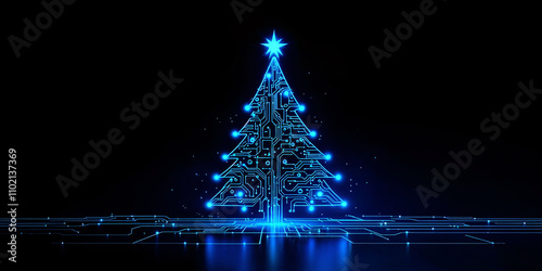 Digital Christmas tree illuminated with blue lights, showcasing high-tech design and circuitry elements against a dark background during the holiday season photo