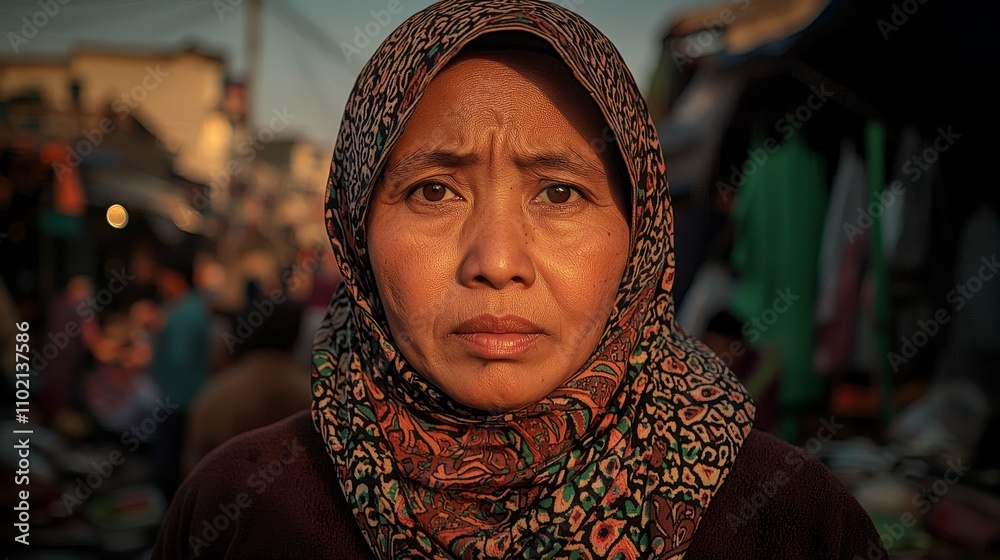 Radiant Woman in Patterned Hijab Contemplating Urban Life - Warm Tones, Candid Portrait in Bustling Street Market Radiant Woman in Patterned Hijab Contemplating Urban Life - Warm Tones, Candid Portrait in Bustling Street Market