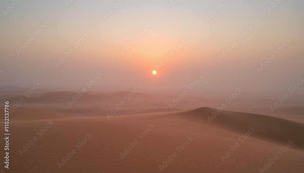 Misty desert sunrise with soft light illuminating sand dunes. Misty desert sunrise with soft light illuminating sand dunes.