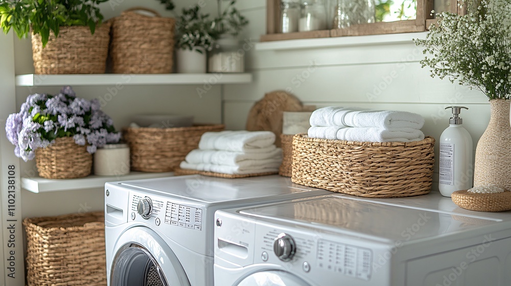 Soft Earthy Tones Laundry Area with Clean Towels Soft Earthy Tones Laundry Area with Clean Towels